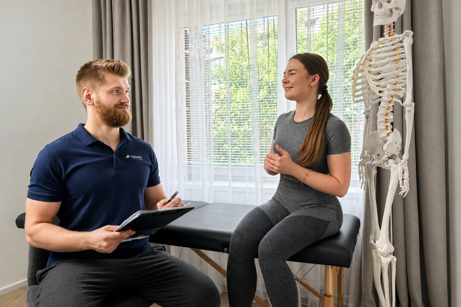 Kineziterapeuto konsultacija — klientė šypsosi